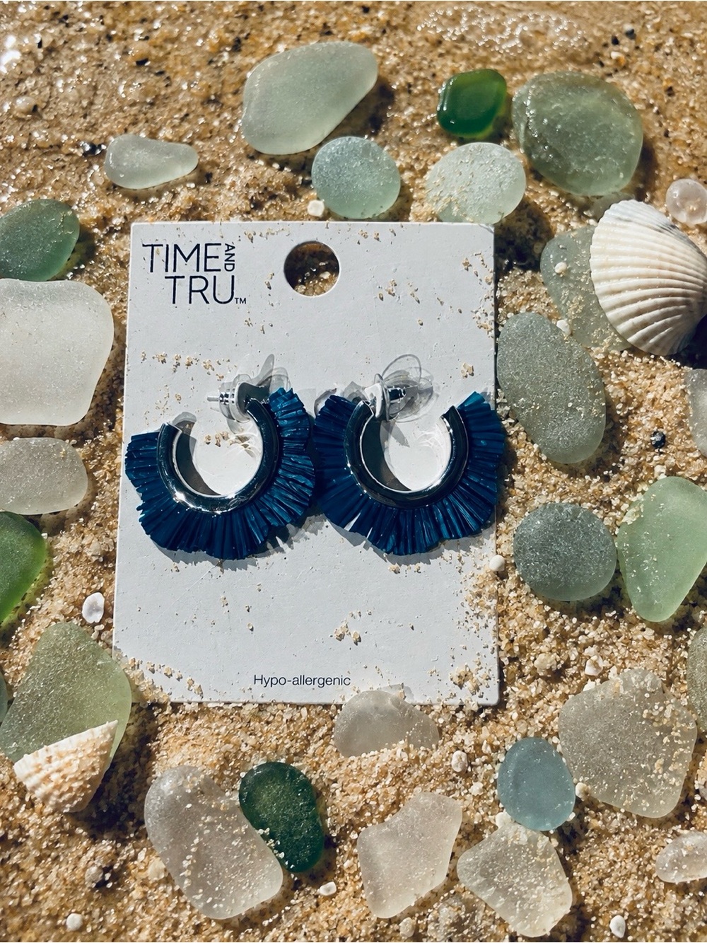 Blue and Silver Rafia Hoop Earrings